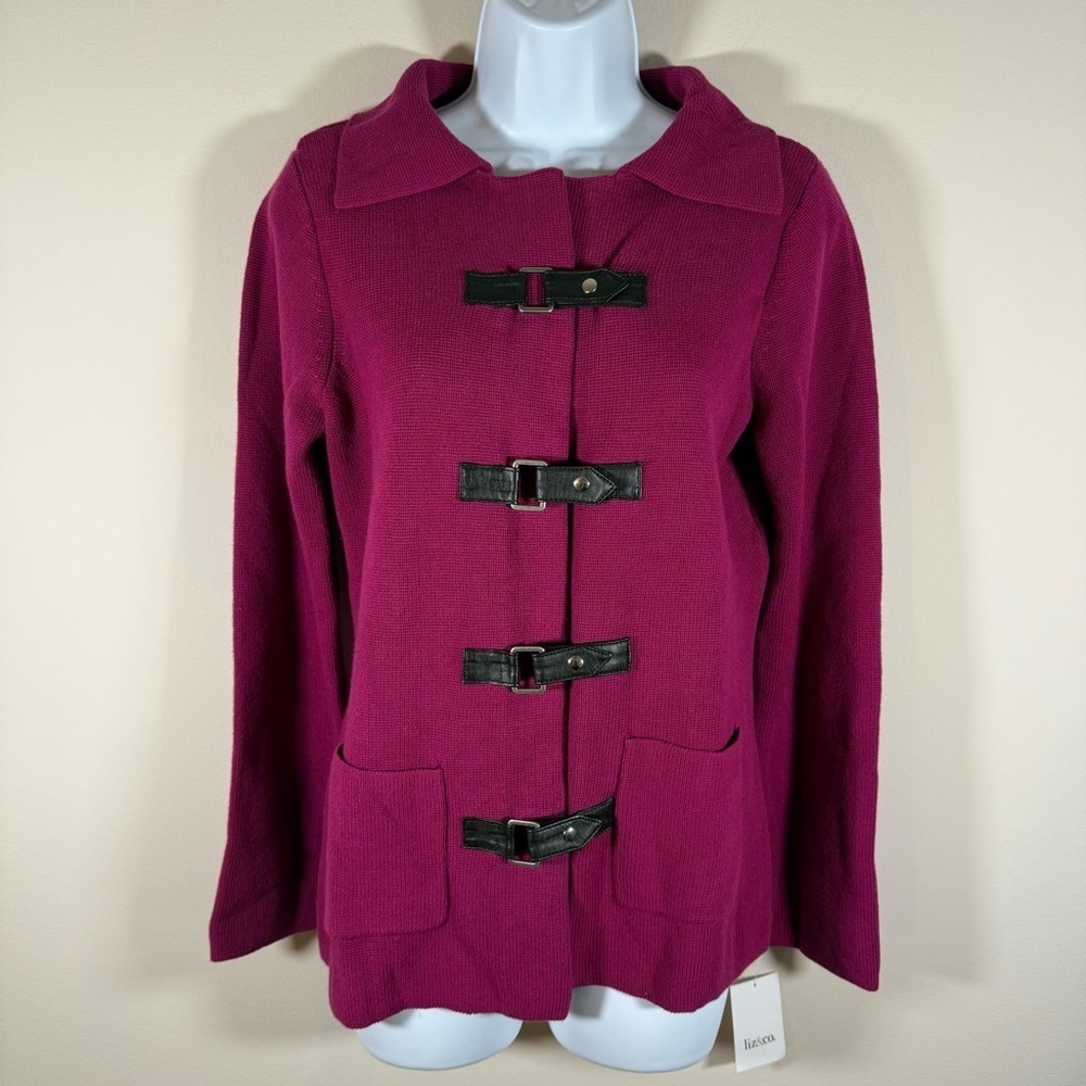 NWT Liz&Co. Y2K Women’s Magenta Knit Sweater Jacket Leather Accents M - Picture 5 of 10